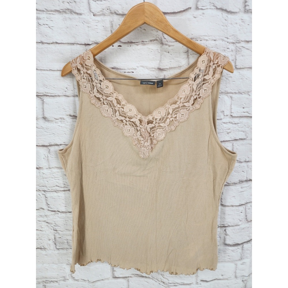 Vintage Y2K Lace Trim Cami Top 1X Fairy Grunge Lettuce Hem Layering Stretch Knit